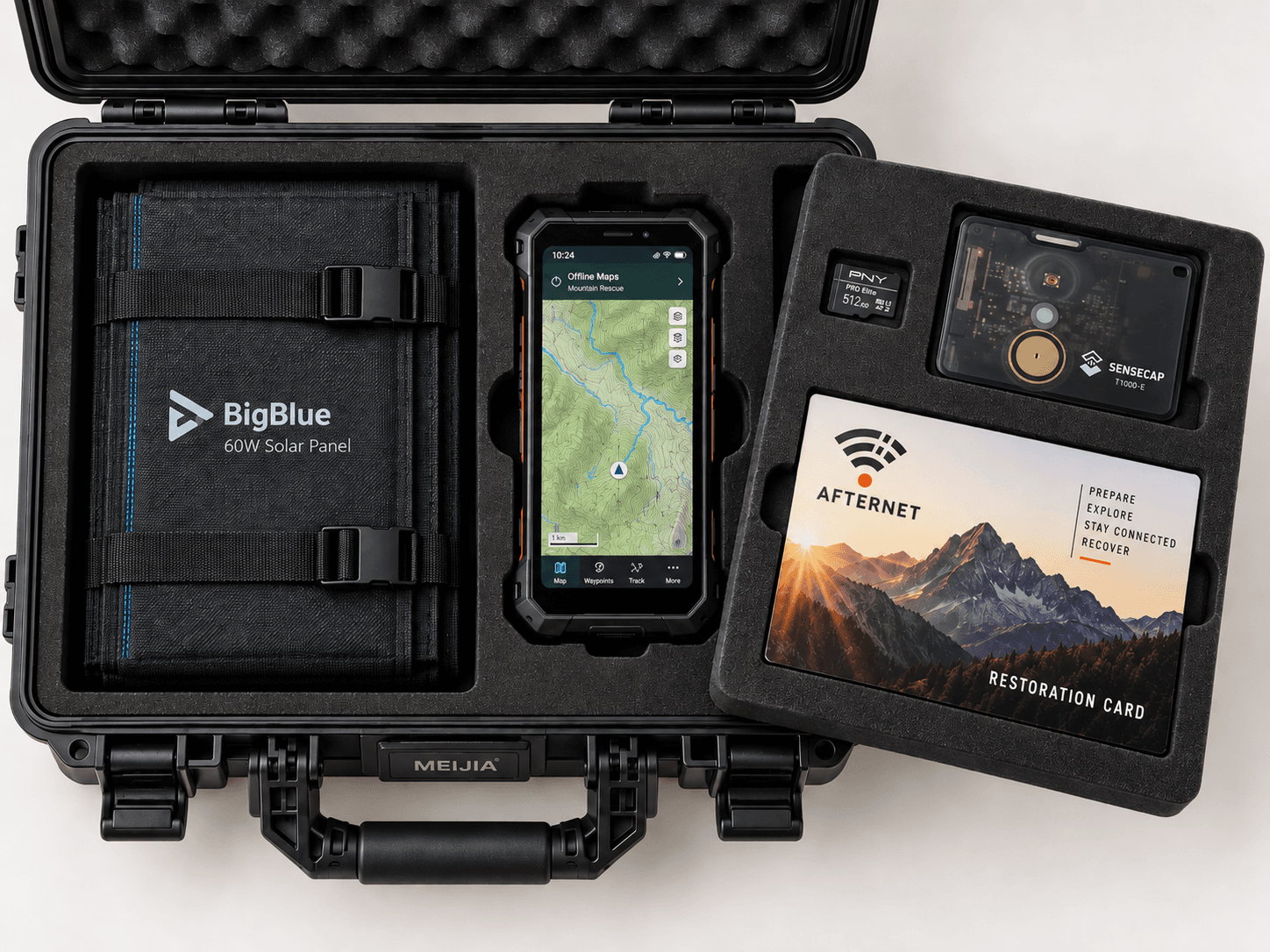 ARK COMMAND kit open in its hard case: folded 60 W solar panel, 6.8-inch rugged phone showing offline maps, knowledge card, LoRa node and printed recovery card, each in its foam slot.